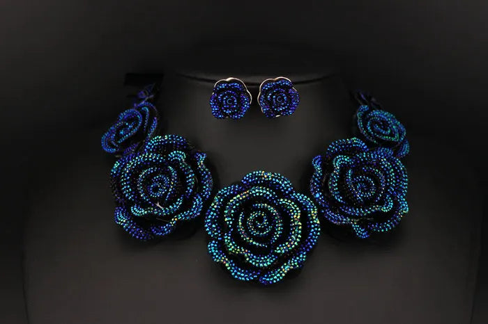 Big Blue Resin Flower Necklaces and Earrings