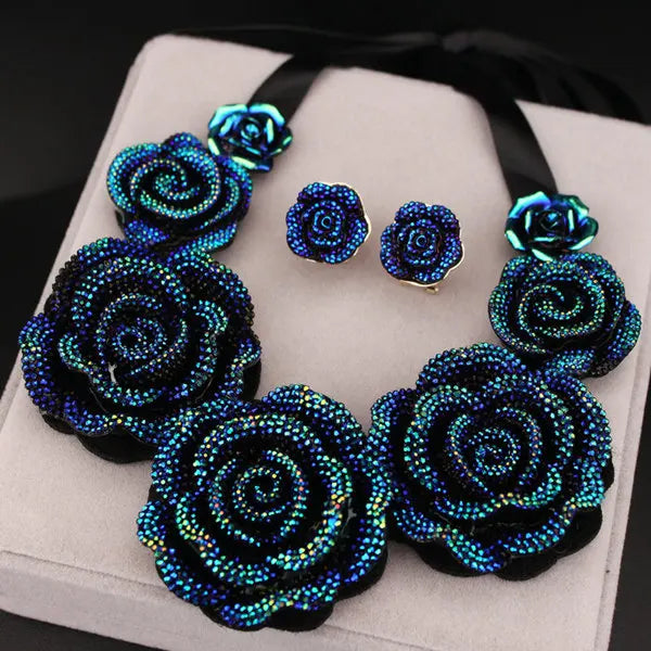 Big Blue Resin Flower Necklaces and Earrings