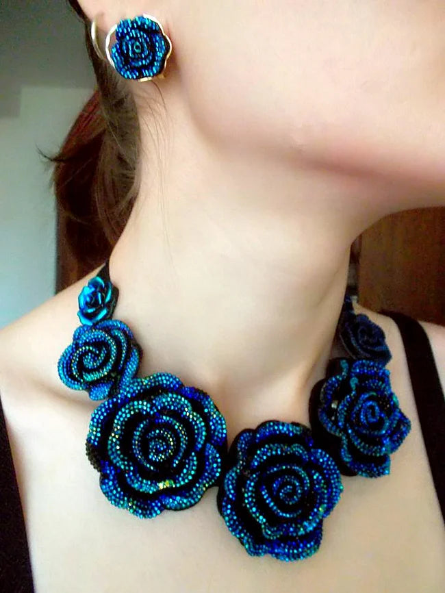Big Blue Resin Flower Necklaces and Earrings