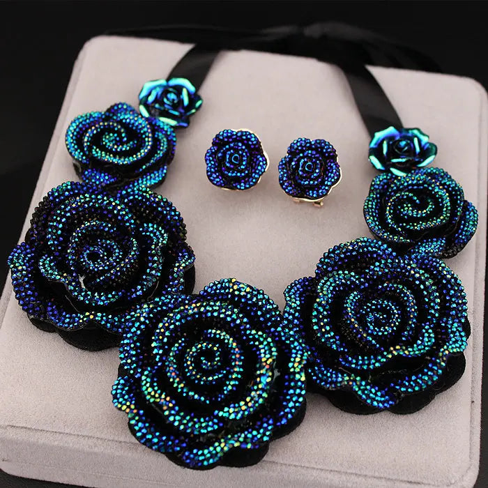 Big Blue Resin Flower Necklaces and Earrings