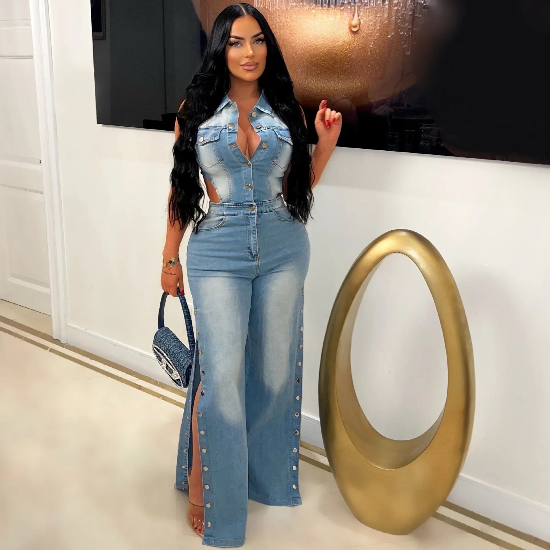 Denim Jumpsuit One Piece Sleeveless Slim Fit