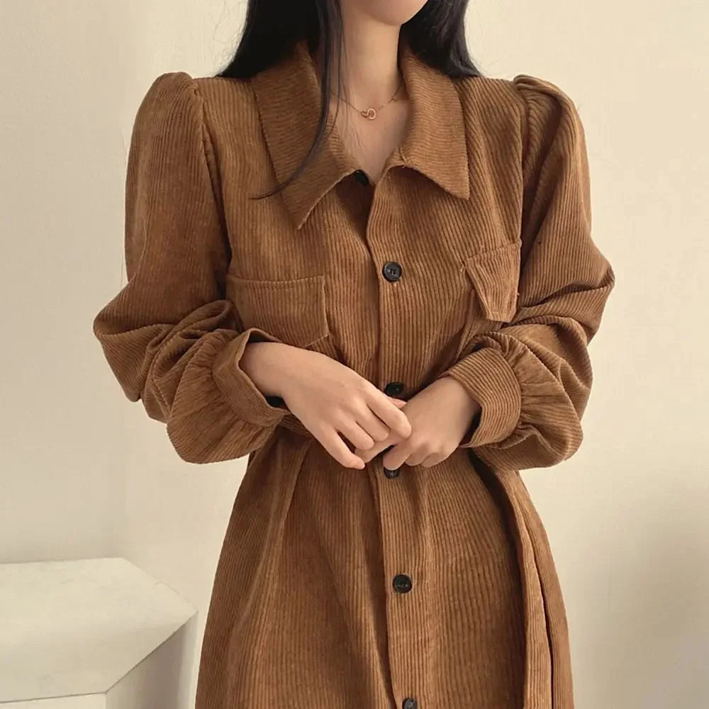 Single-Breasted Fitted Waist Long Corduroy Dress