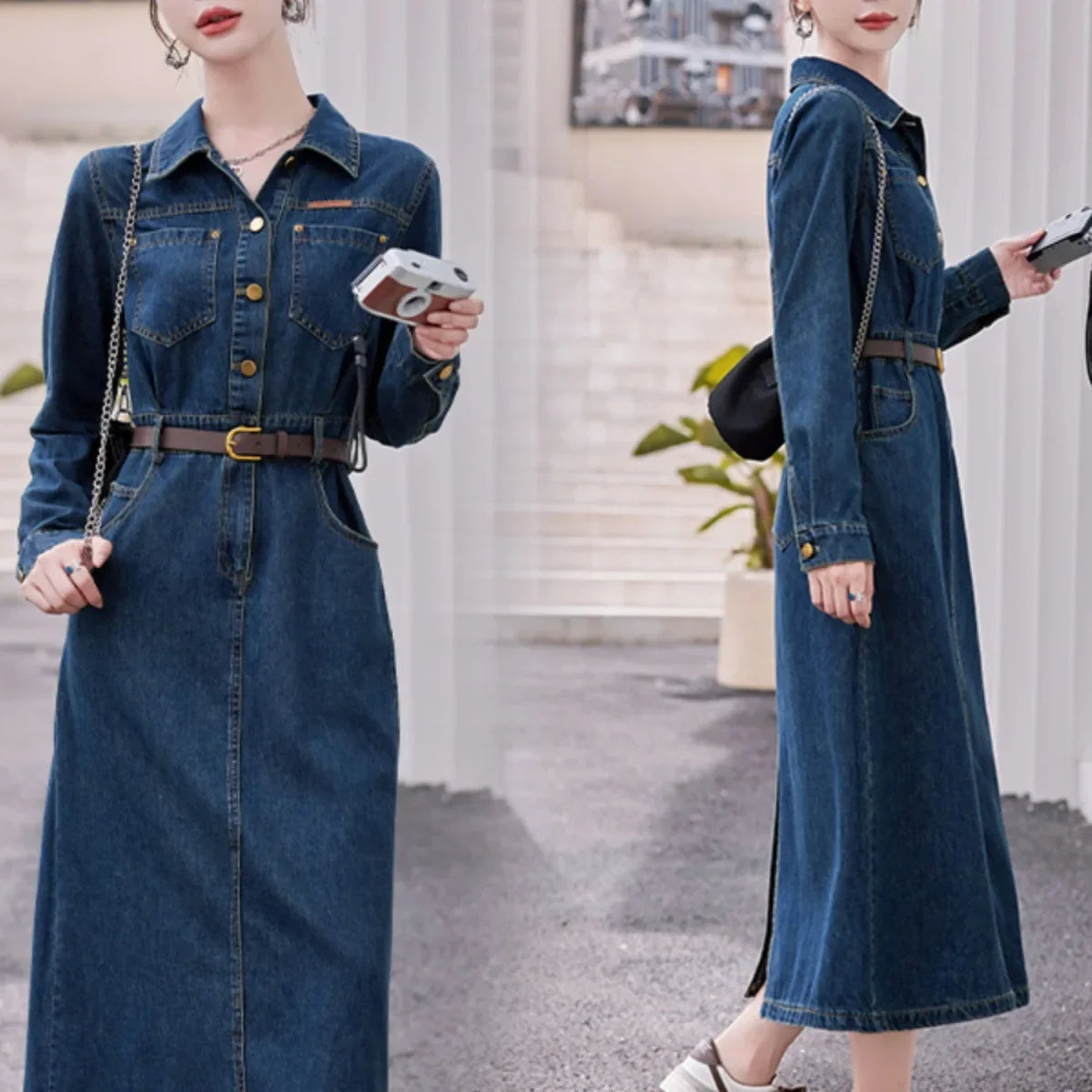 Long Sleeve Denim Ankle Length Dress