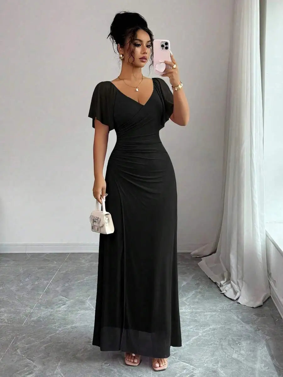 Light Purple V-Neck Ruffle Sleeve Pleated A-Line Split Maxi Dress