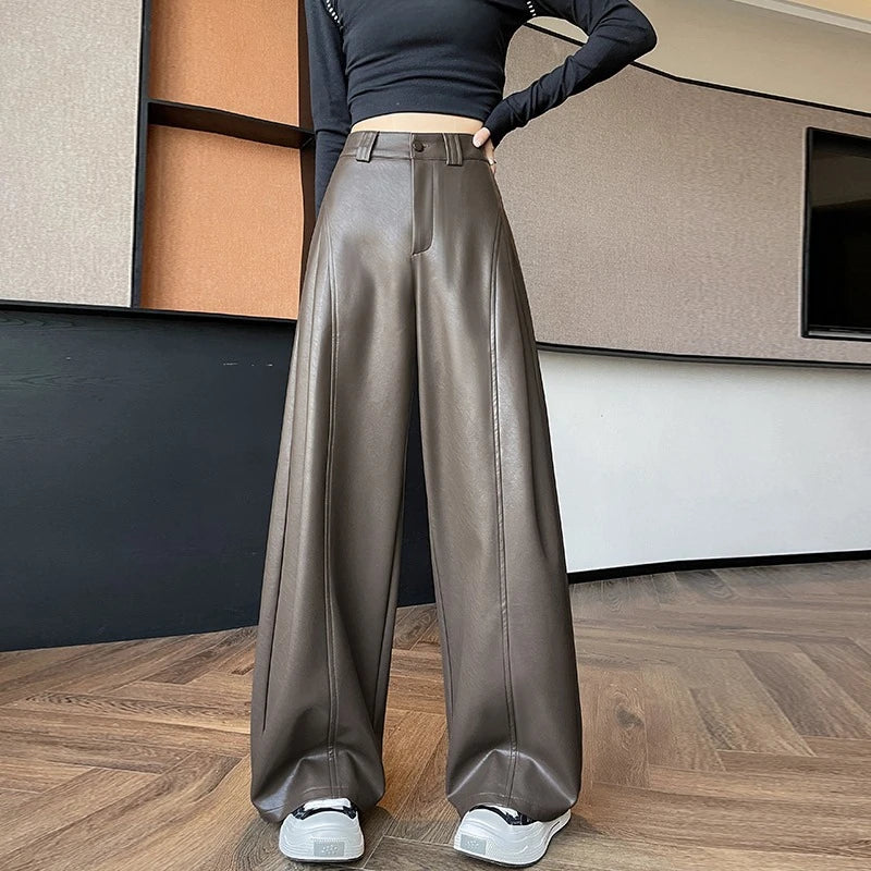 High Waist Vintage PU Leather Wide Leg Pants