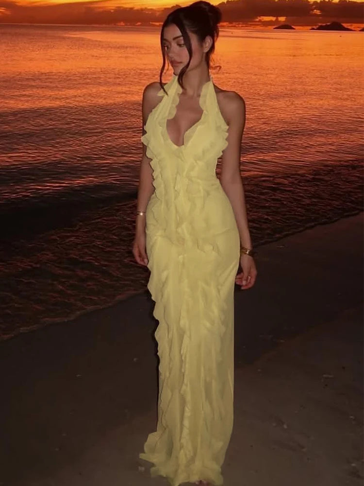 Women Solid Mesh Tassel Patchwork Halter Dress