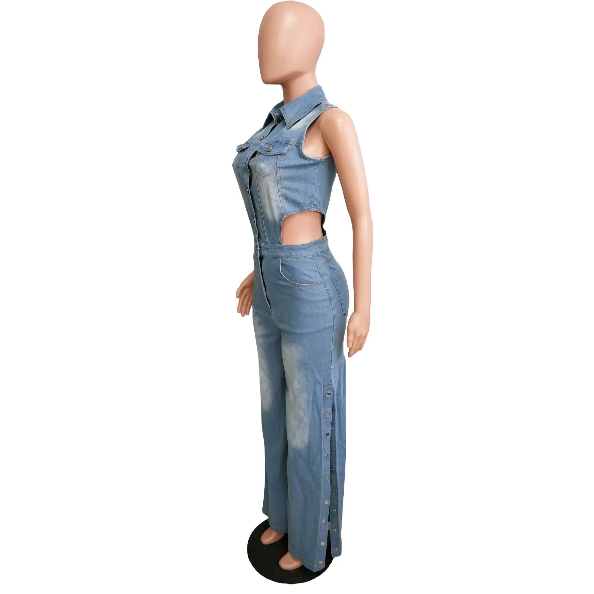 Denim Jumpsuit One Piece Sleeveless Slim Fit