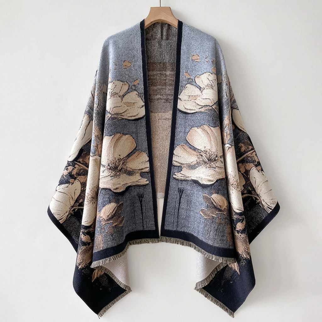 Luxury Warm Poncho Cashmere Floral Jacquard Shawl Wraps