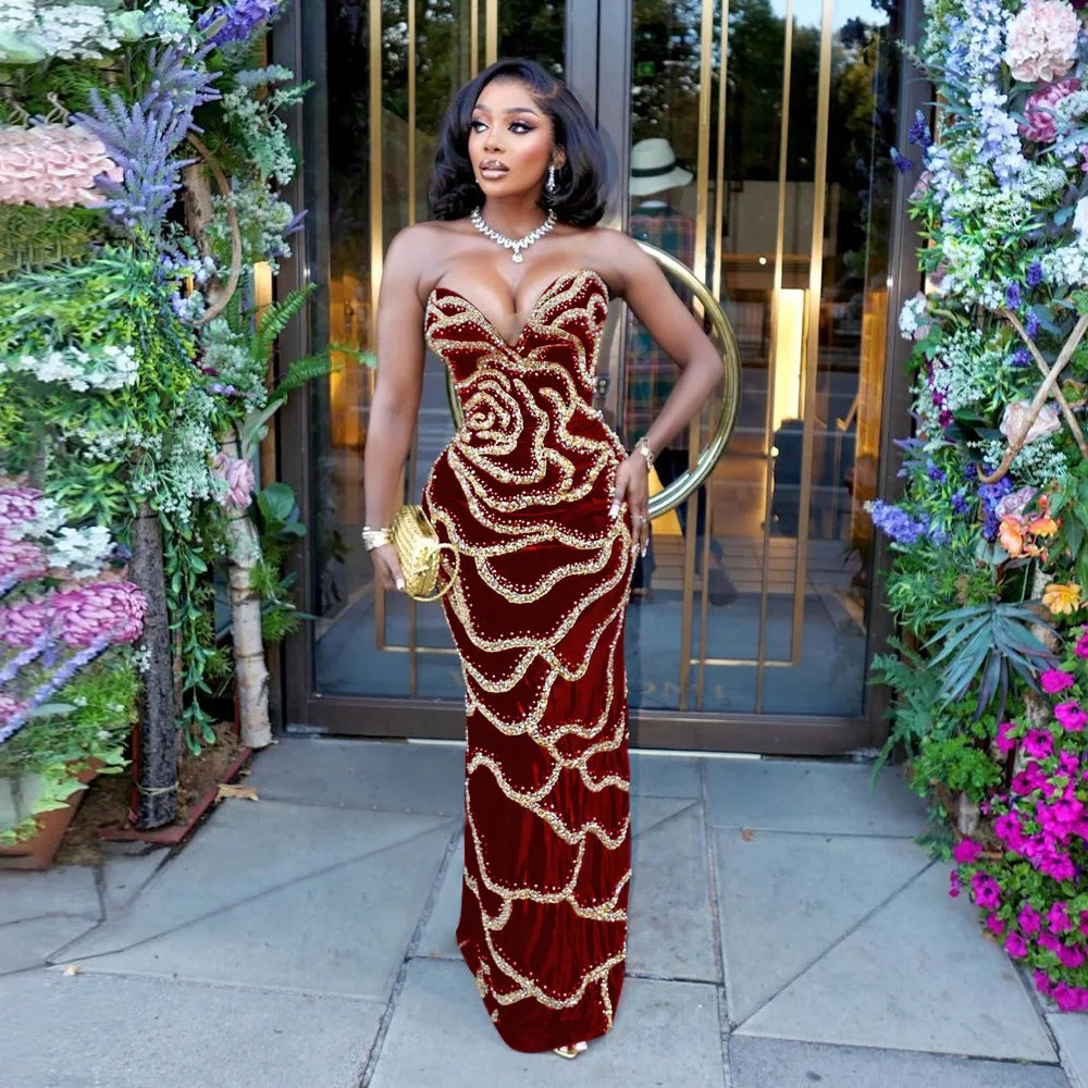 XTOCEAN Floral Sequined Strapless Maxi Dresses