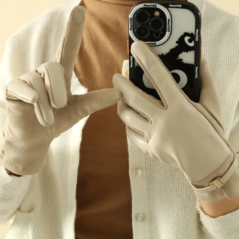 Women Winter Suede Leather Touch Screen Gloves