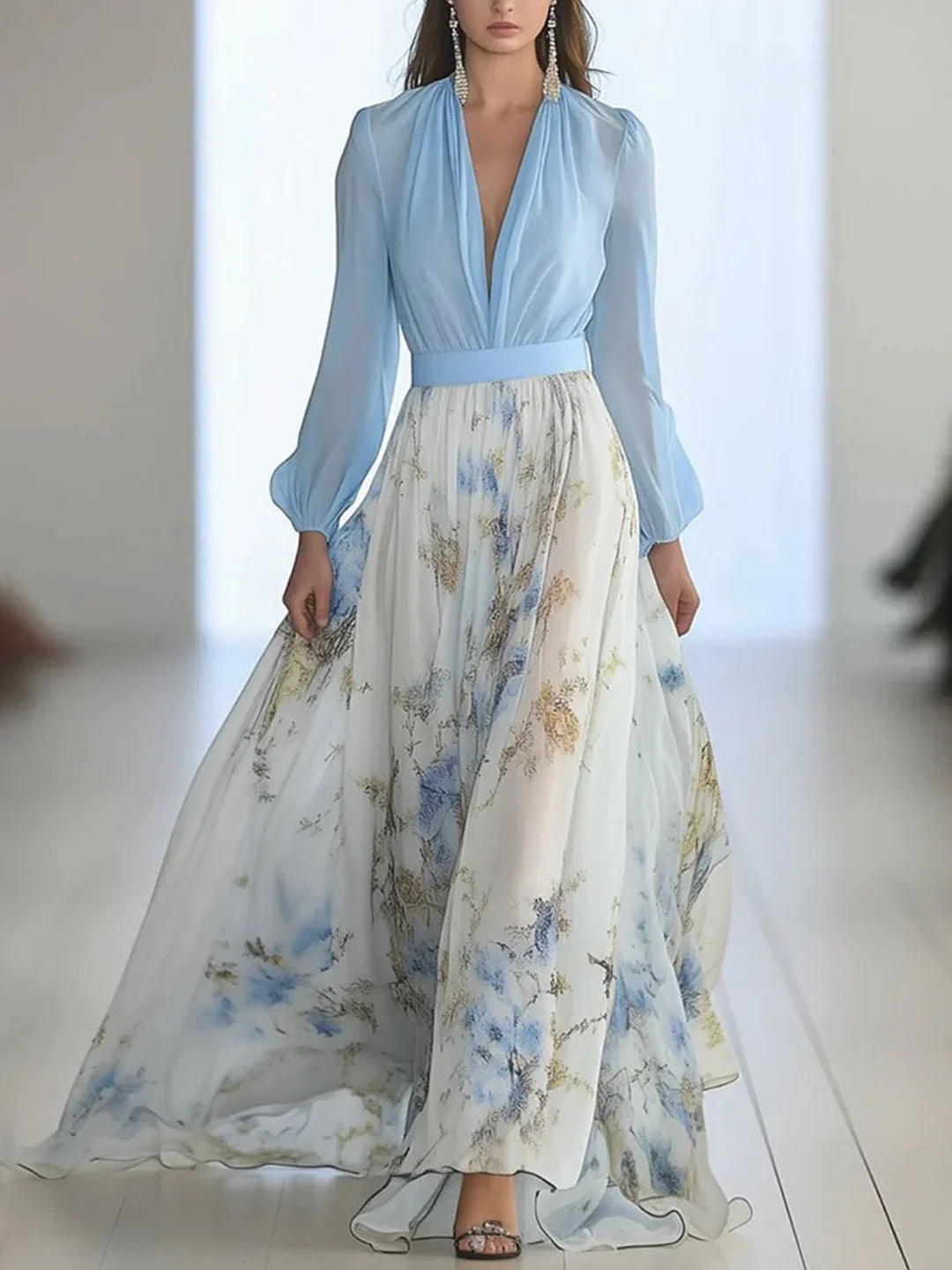 Blue Long Sleeve V-Neck Floral Print Maxi Dresses