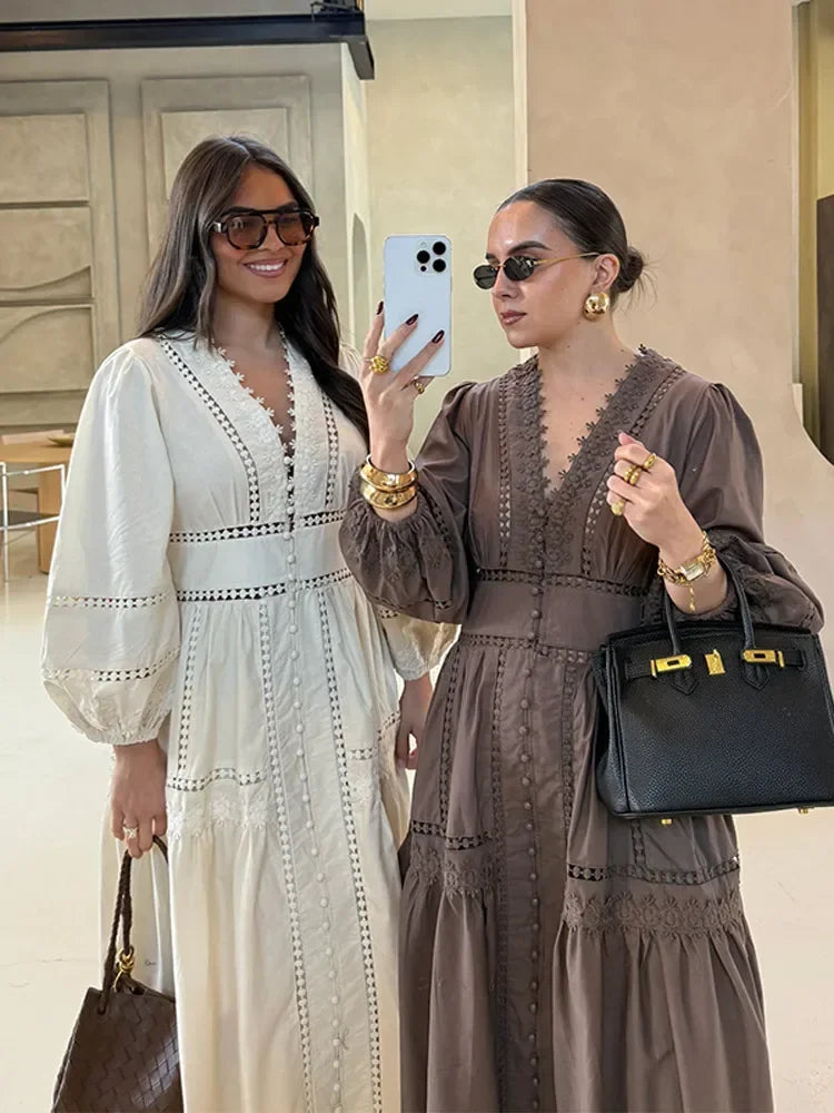 Lace V-neck Full Puff Sleeves Dresses Women