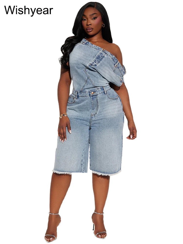 Women's Off-Shoulder Blue Denim Jumpsuit Slash Neck
