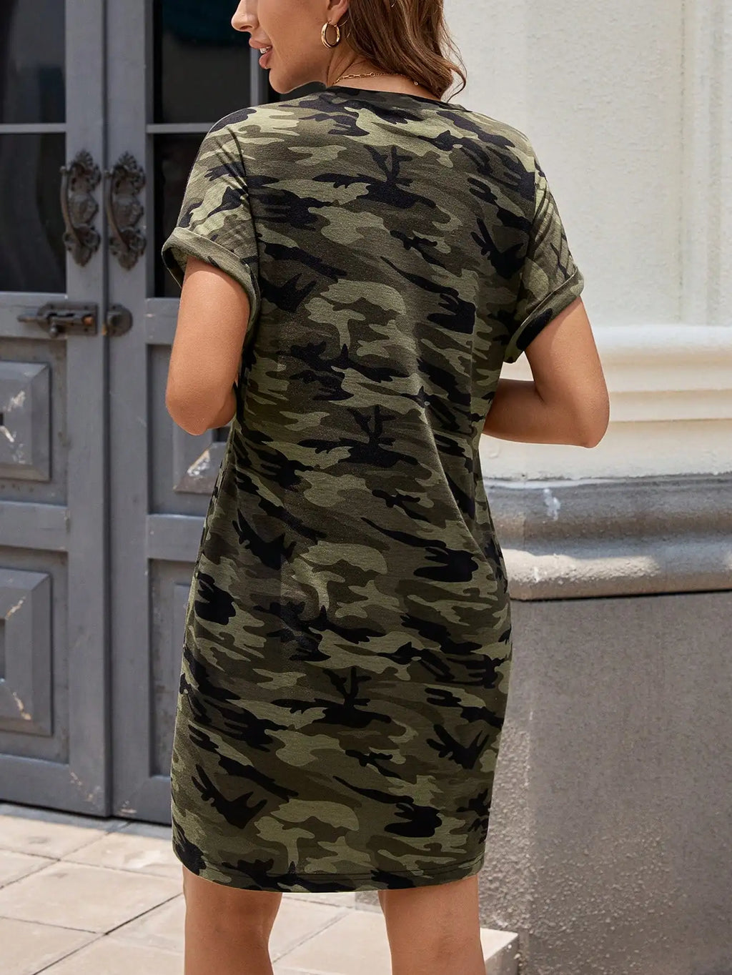 Drop Shoulder Round Neck Camo Print Mini Dress for Women