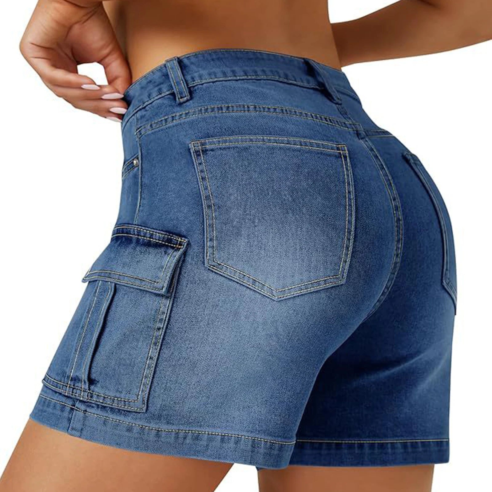 Solid Color Women's  Slim Cargo Denim Shorts