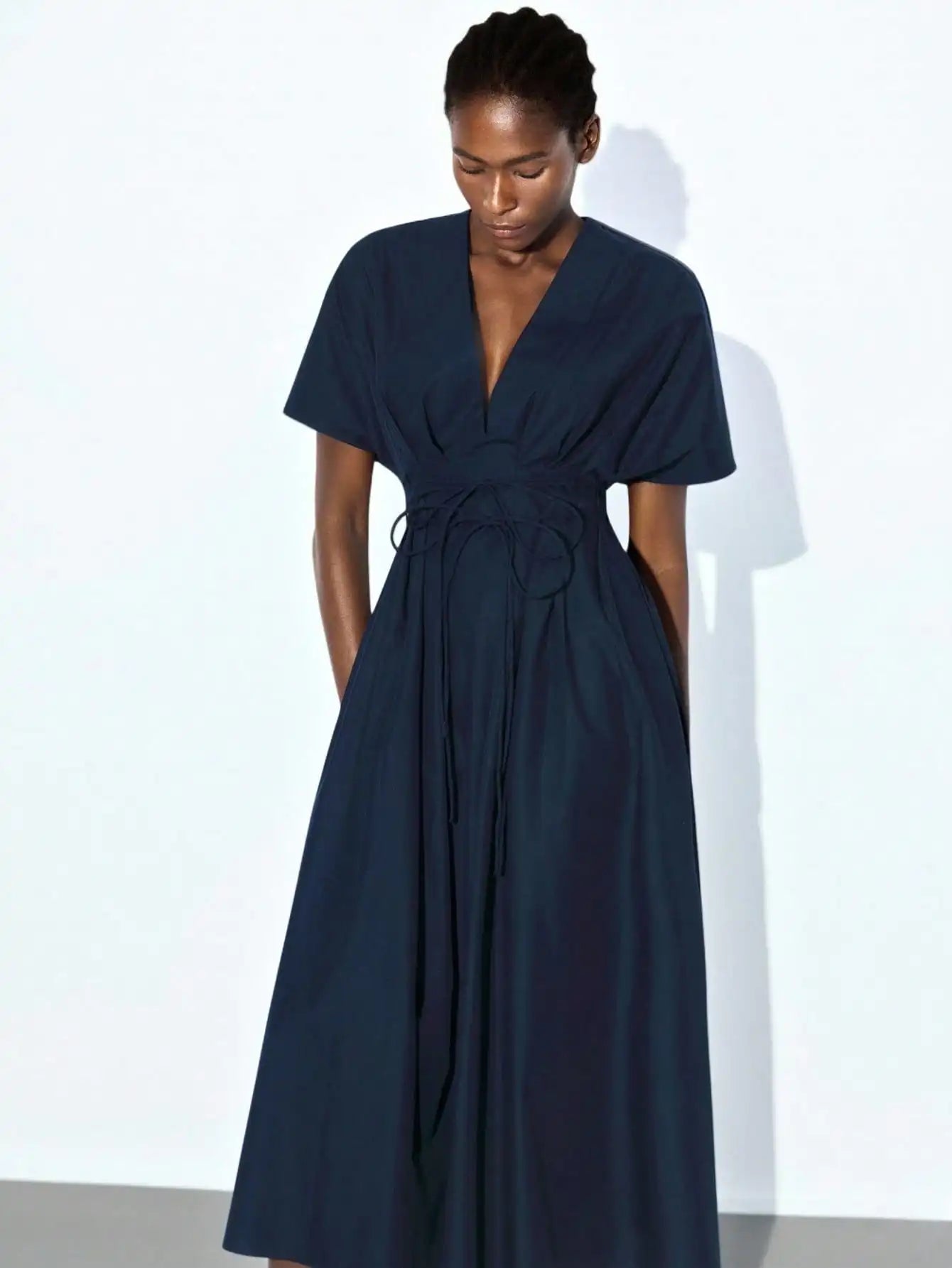 Navy Blue Deep V-Neck Puff Sleeve Wrap Dress with Cinched Waist