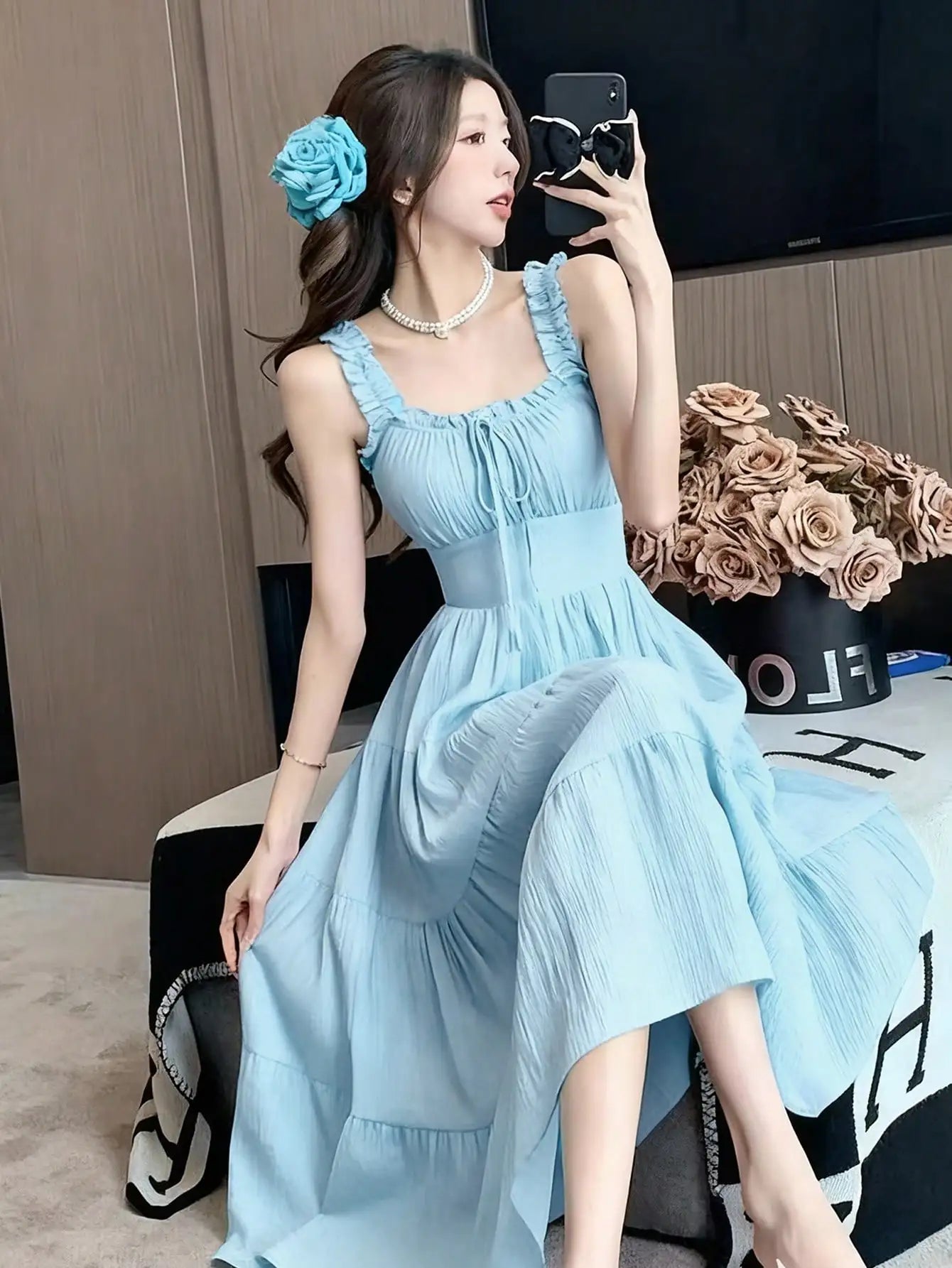 Light Blue Ruched Square Neck Pleated Midi Dress with Tiered Skirt