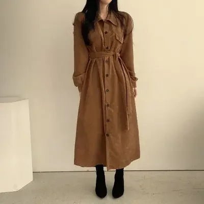 Single-Breasted Fitted Waist Long Corduroy Dress