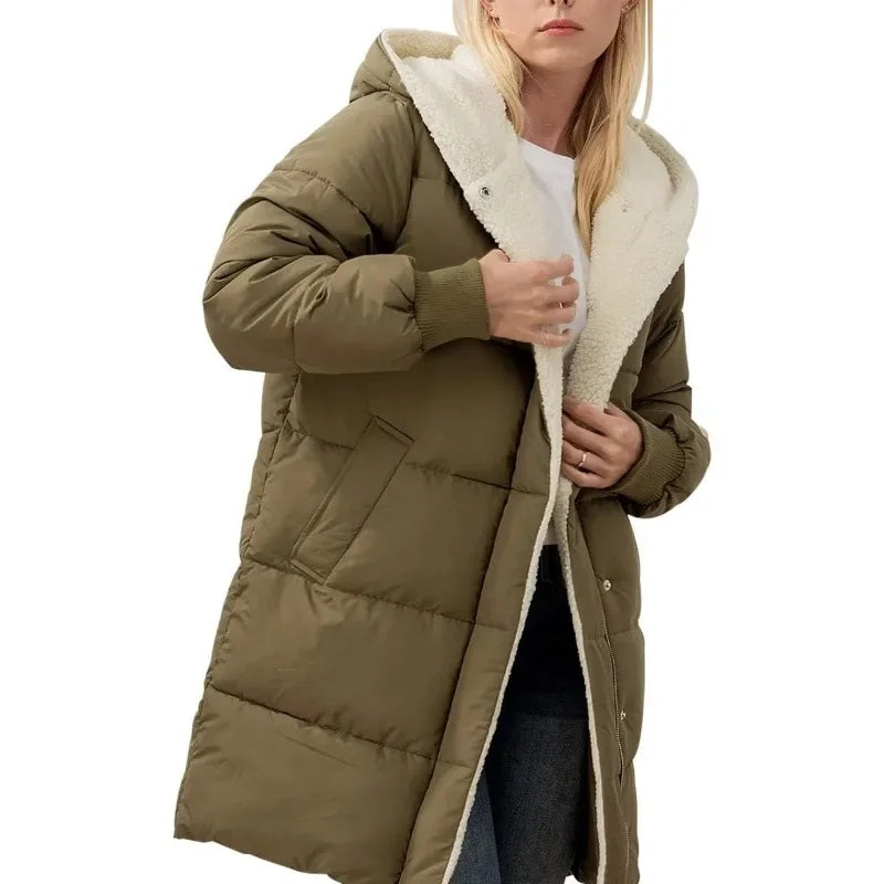 Womens Winter Warm Hooded Puffer Jacket Sherpa Fleece Lined Long Hooded Puffer Jacket