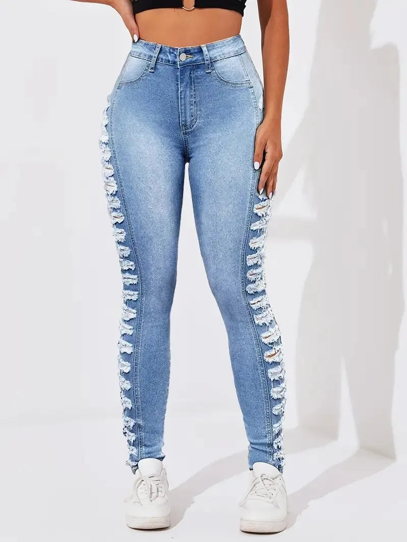 Women's light blue side layered ripped jeans