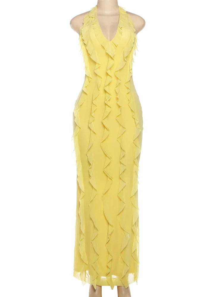 Women Solid Mesh Tassel Patchwork Halter Dress