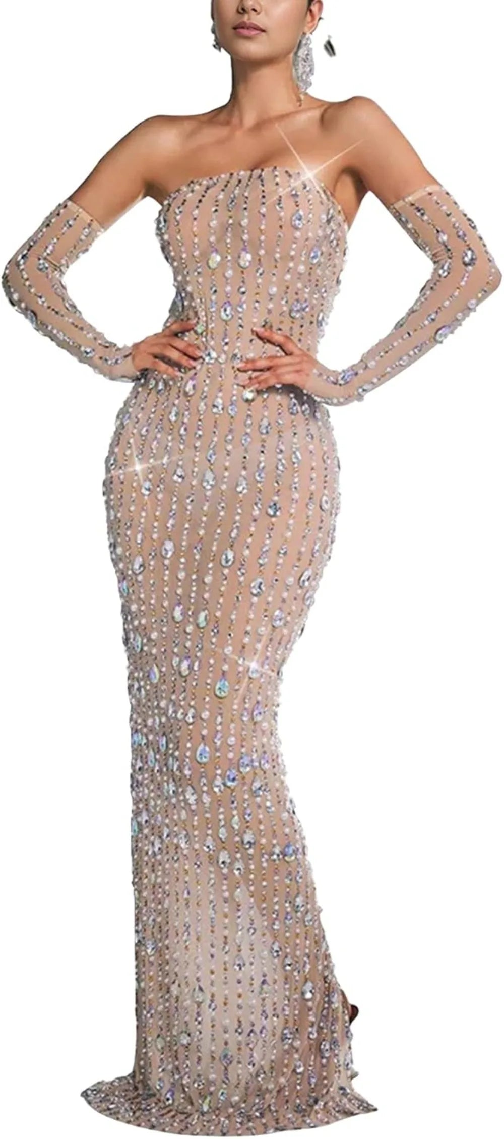Women's Long Sleeve Mesh Rhinestone See Through Sequined Party Dress