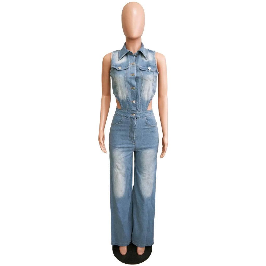 Denim Jumpsuit One Piece Sleeveless Slim Fit