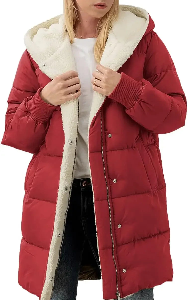 Womens Winter Warm Hooded Puffer Jacket Sherpa Fleece Lined Long Hooded Puffer Jacket