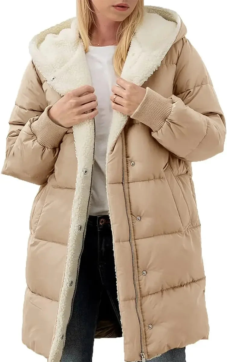 Womens Winter Warm Hooded Puffer Jacket Sherpa Fleece Lined Long Hooded Puffer Jacket
