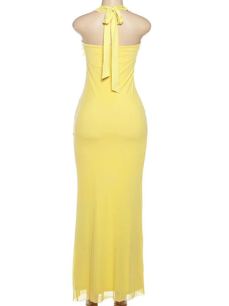 Women Solid Mesh Tassel Patchwork Halter Dress