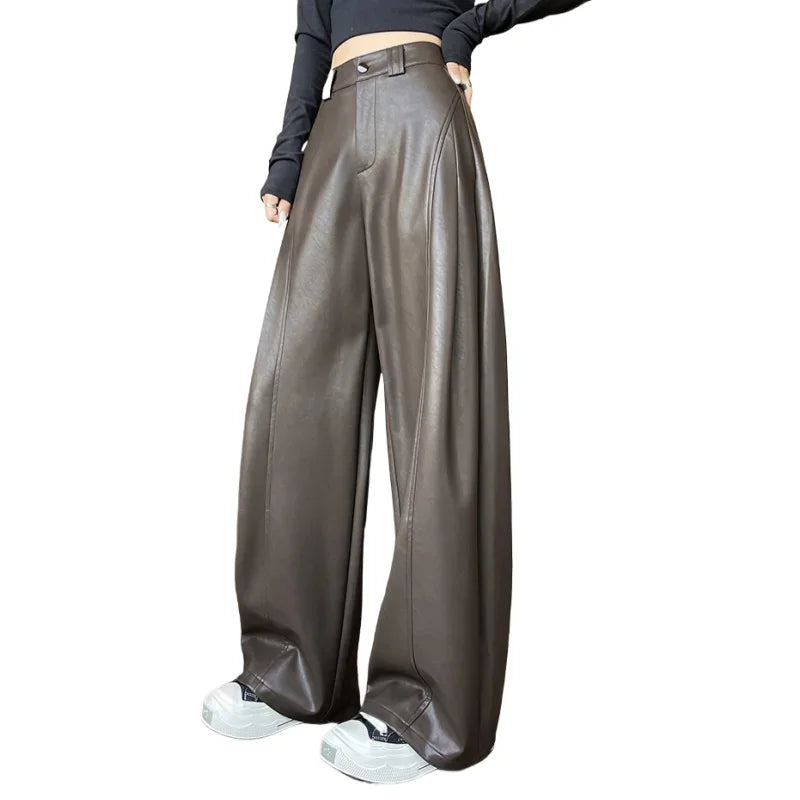 High Waist Vintage PU Leather Wide Leg Pants