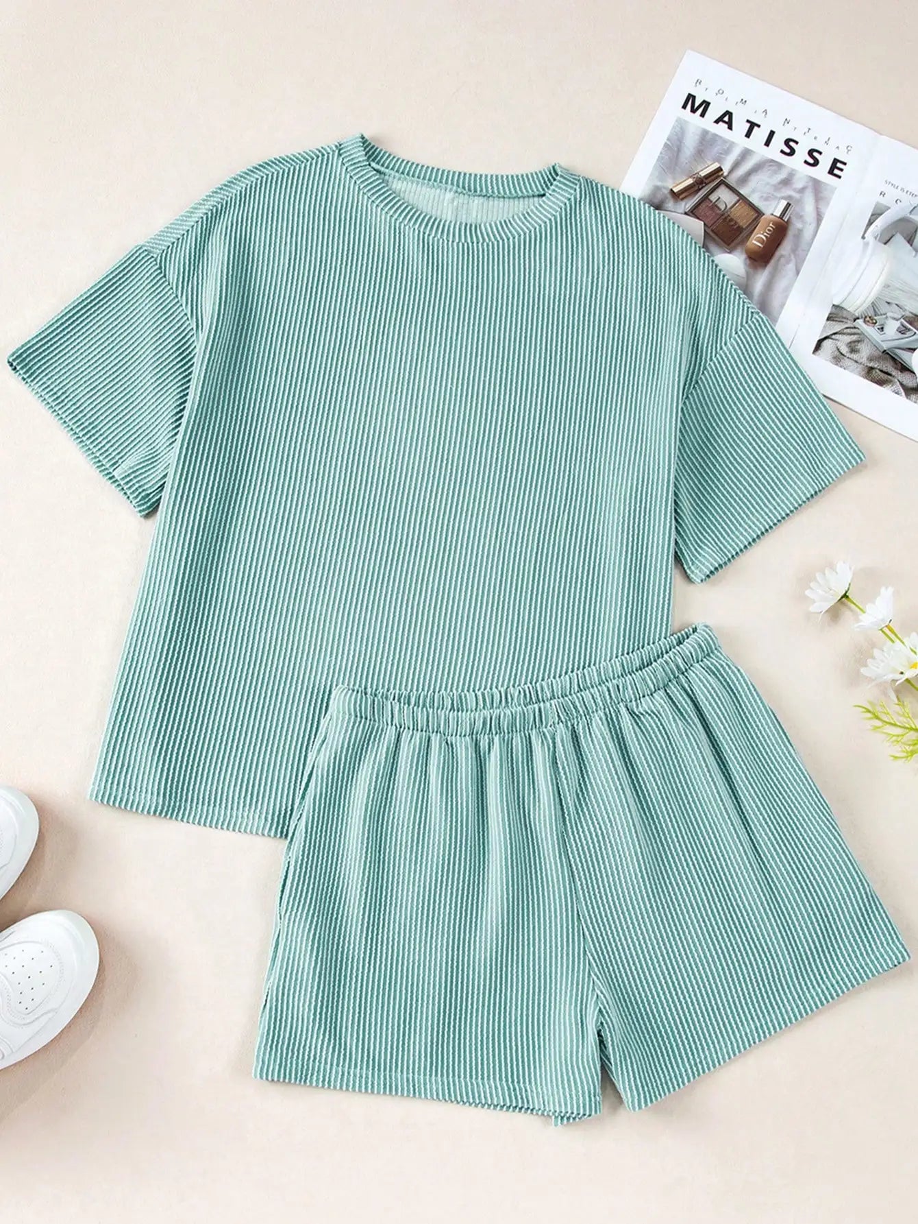 Pink & White Striped Ribbed Knit Loose T-Shirt and Shorts Set