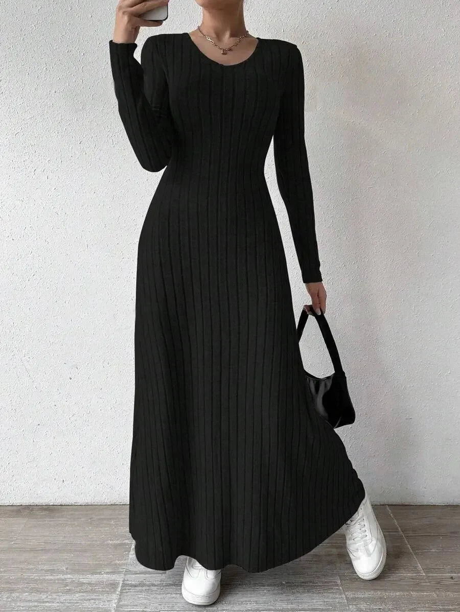 Fashionable Knitted Long Sleeve A- Line Streetwear Dress