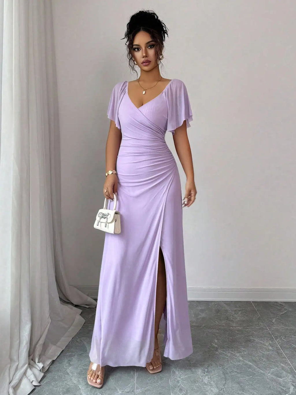 Light Purple V-Neck Ruffle Sleeve Pleated A-Line Split Maxi Dress