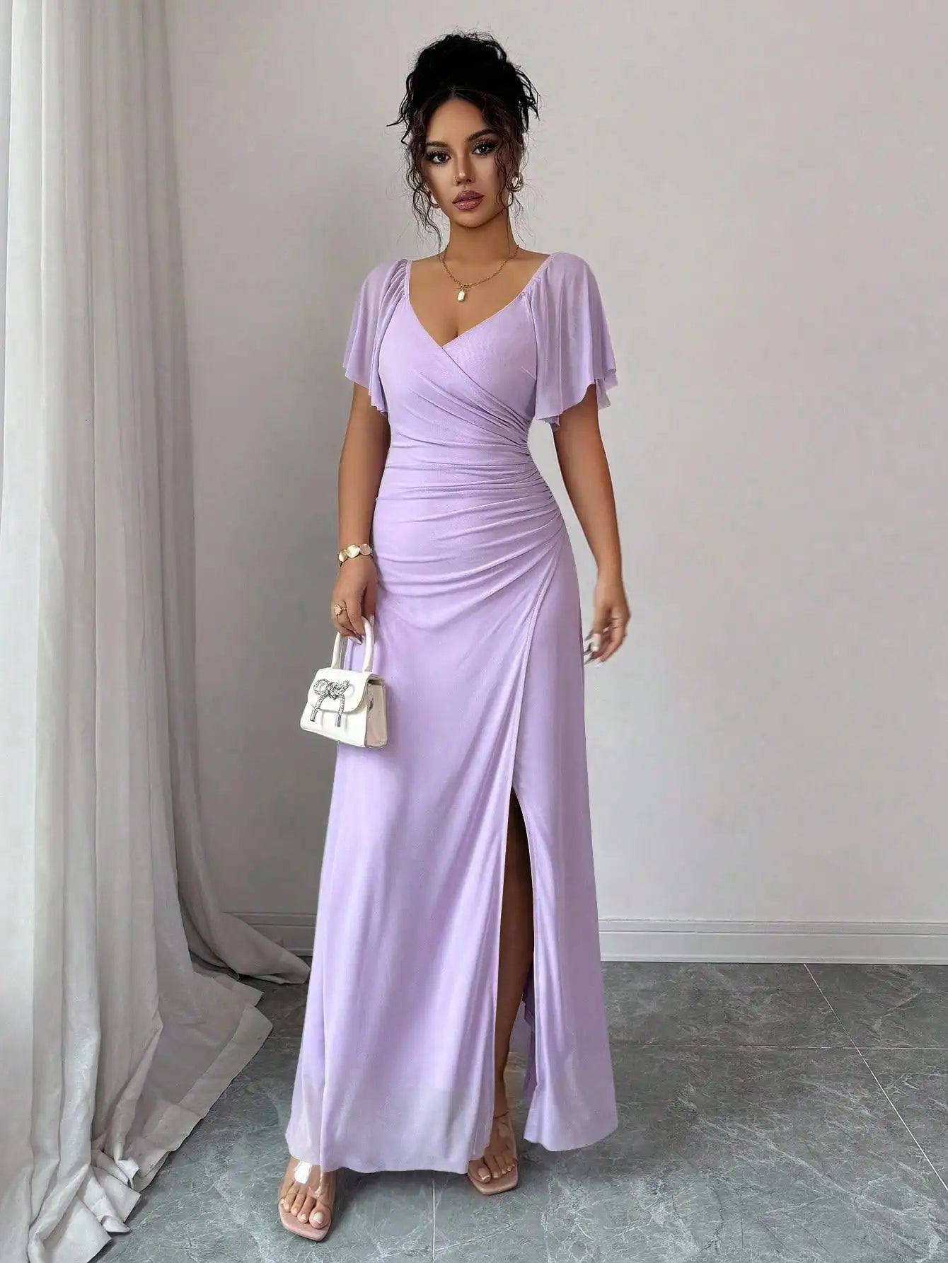 Light Purple V-Neck Ruffle Sleeve Pleated A-Line Split Maxi Dress
