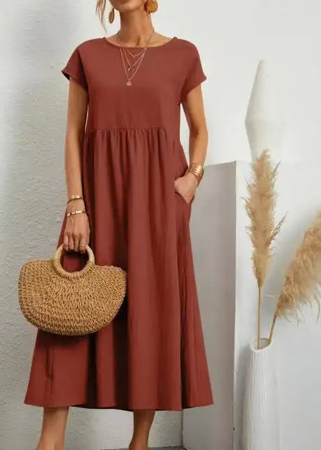 Women Vintage Solid Dress Short Sleeve Cotton Linen Dresses