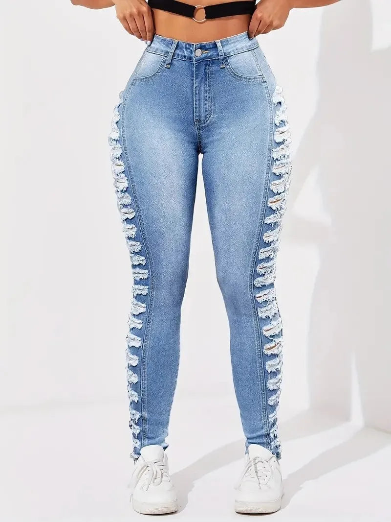 Women's light blue side layered ripped jeans