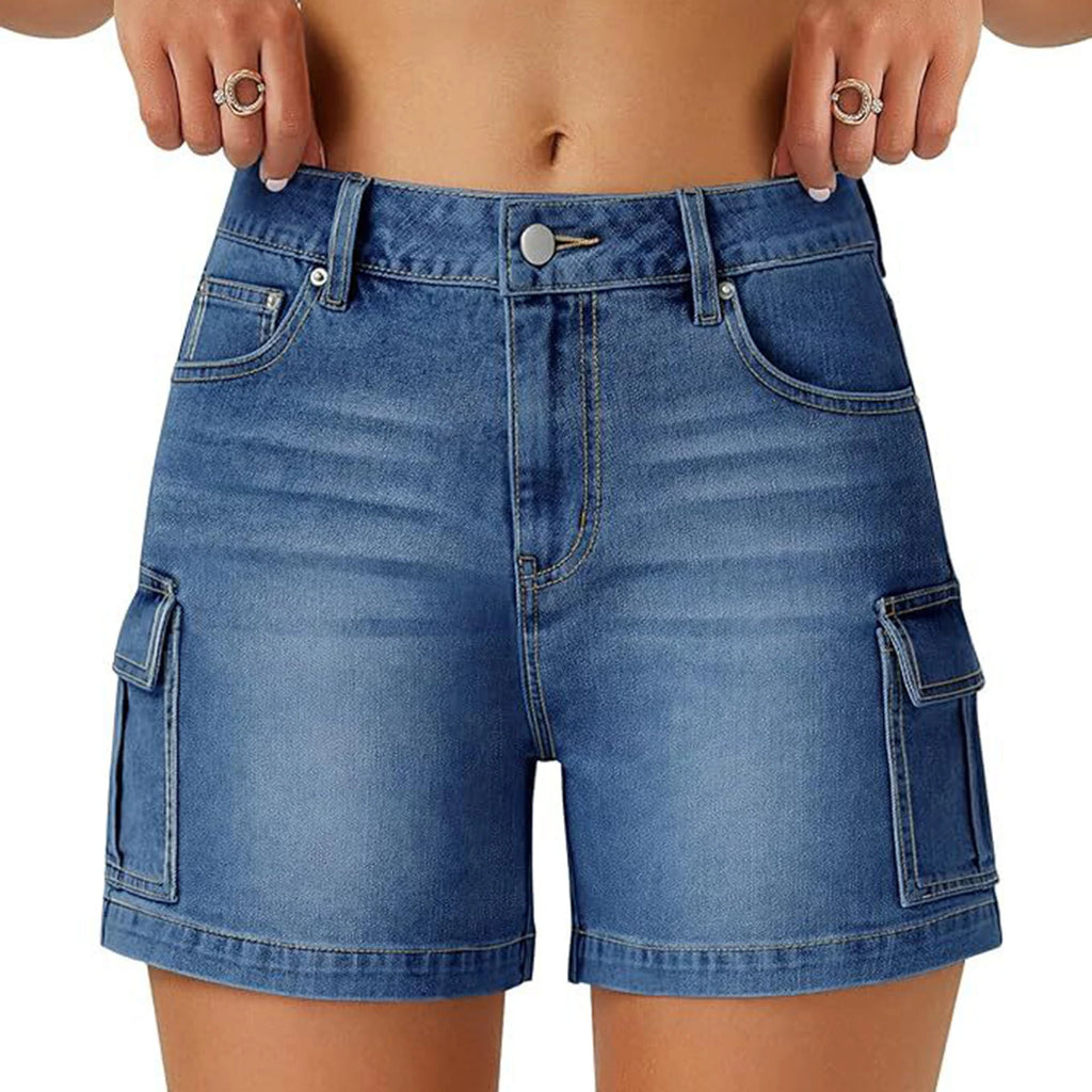 Solid Color Women's  Slim Cargo Denim Shorts