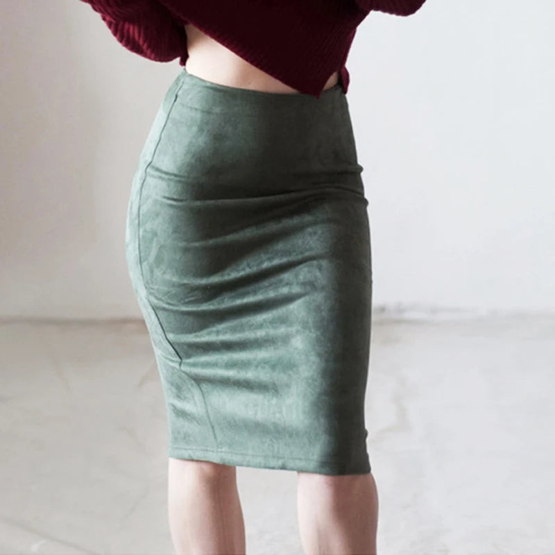Suede Solid Color Pencil Skirt