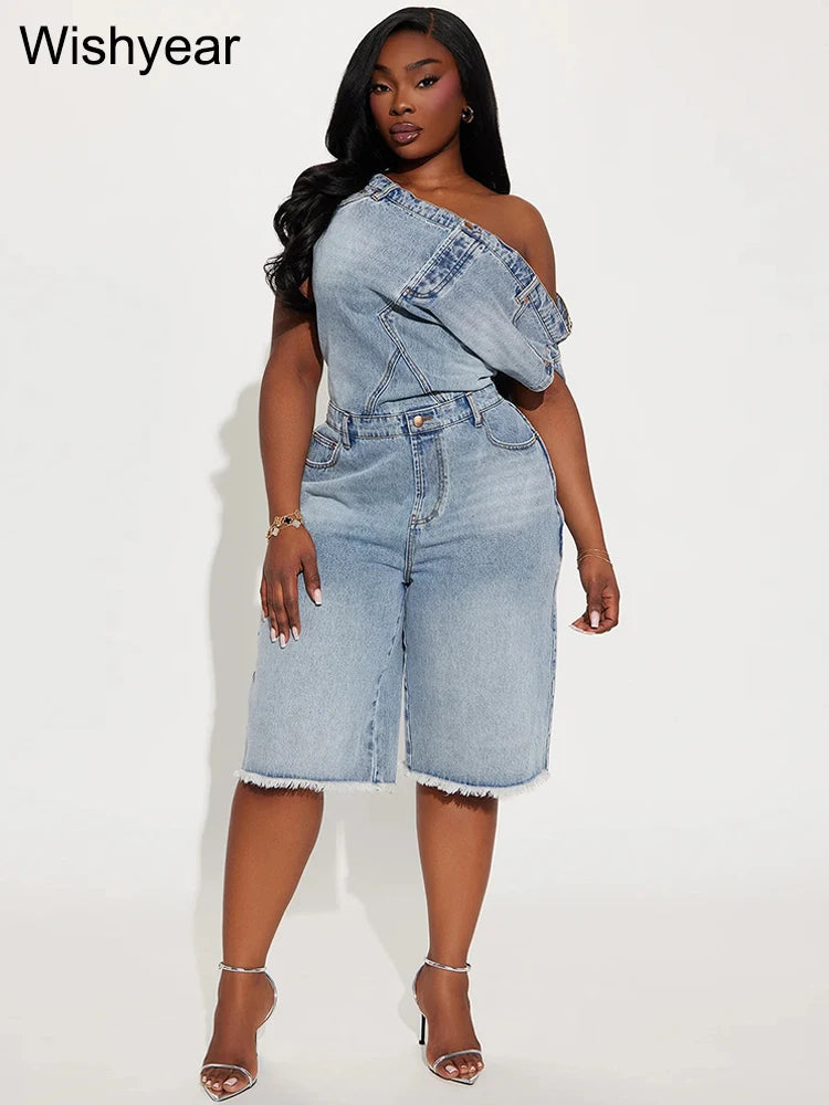 Women's Off-Shoulder Blue Denim Jumpsuit Slash Neck