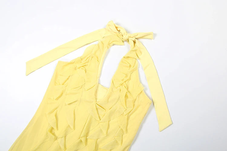 Women Solid Mesh Tassel Patchwork Halter Dress