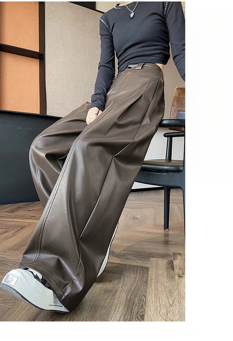 High Waist Vintage PU Leather Wide Leg Pants