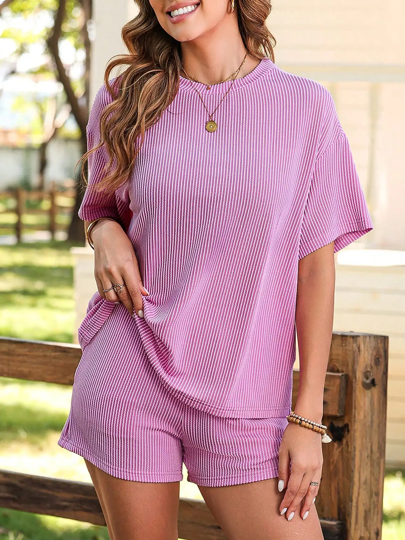 Pink & White Striped Ribbed Knit Loose T-Shirt and Shorts Set