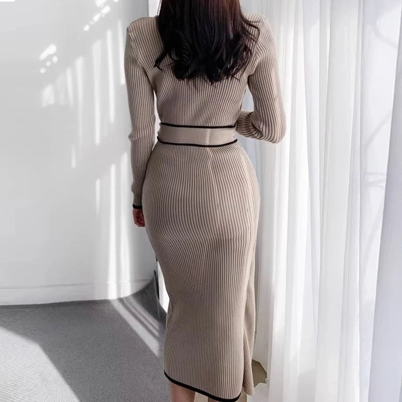 Elegant Lace Up Turtleneck Knitted Long Dress