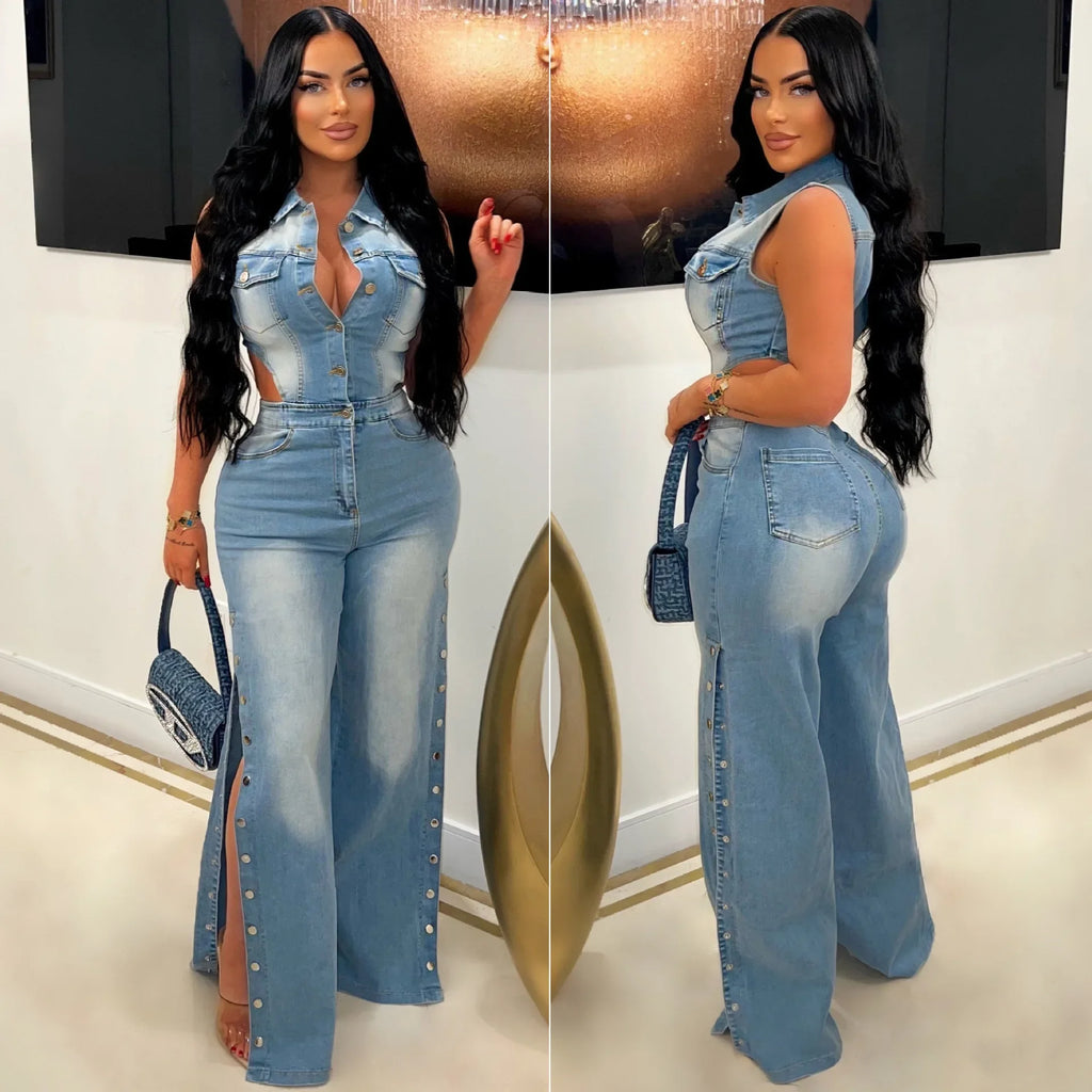 Denim Jumpsuit One Piece Sleeveless Slim Fit