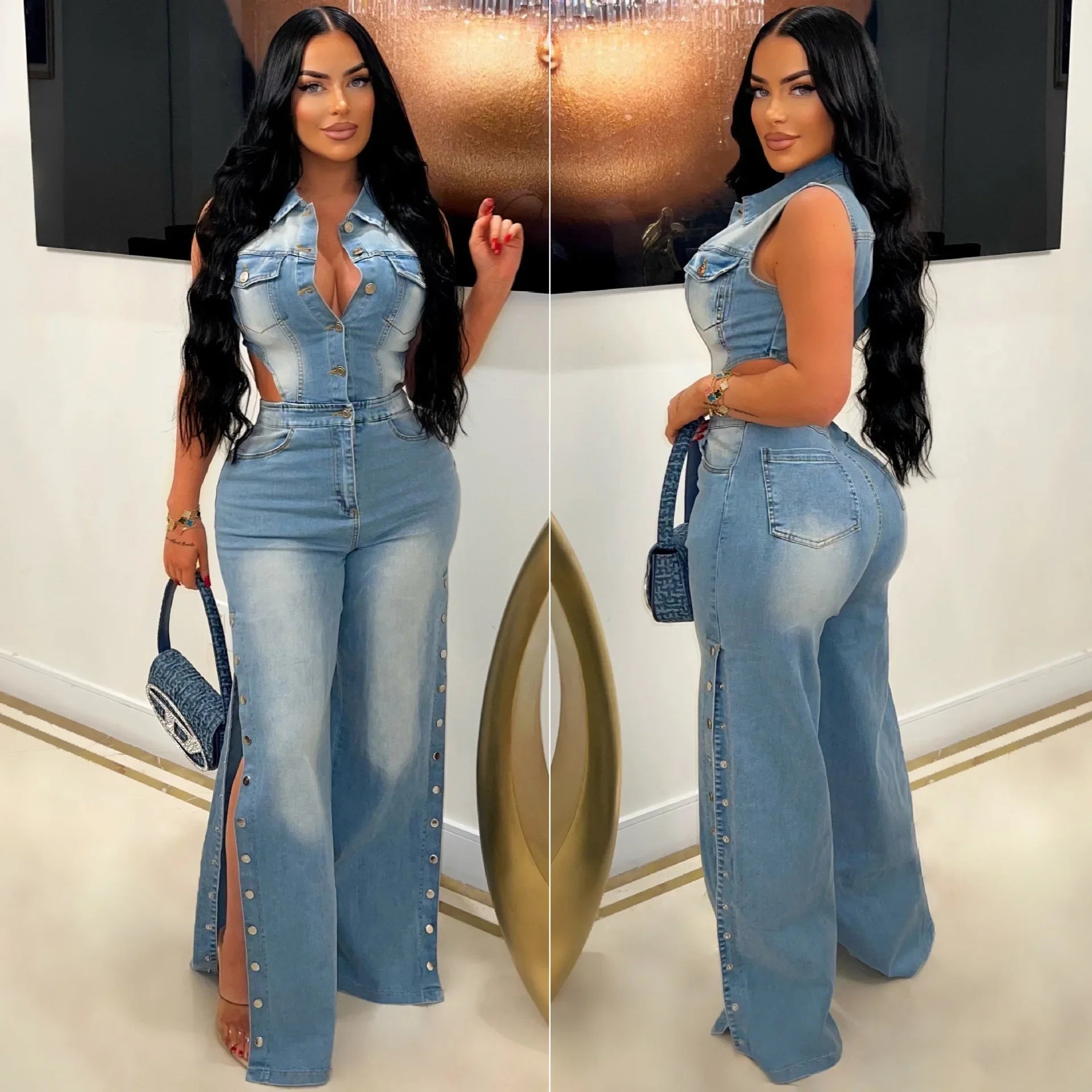 Denim Jumpsuit One Piece Sleeveless Slim Fit