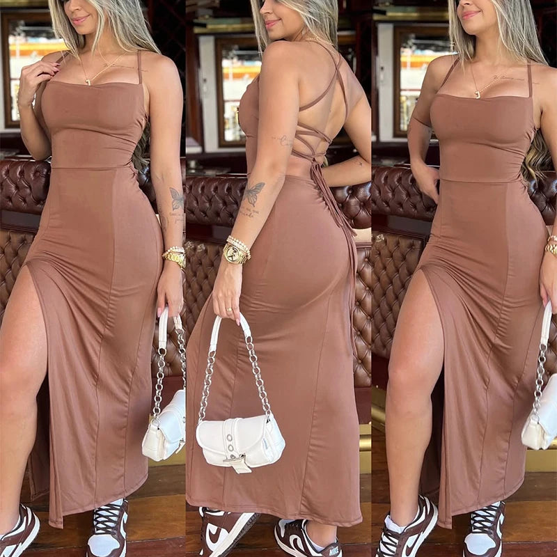 Women Sleeveless Spaghetti Strap Solid Color Bodycon Long Dress