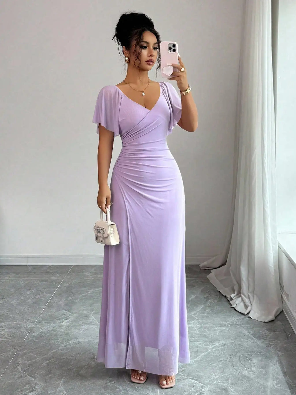 Light Purple V-Neck Ruffle Sleeve Pleated A-Line Split Maxi Dress