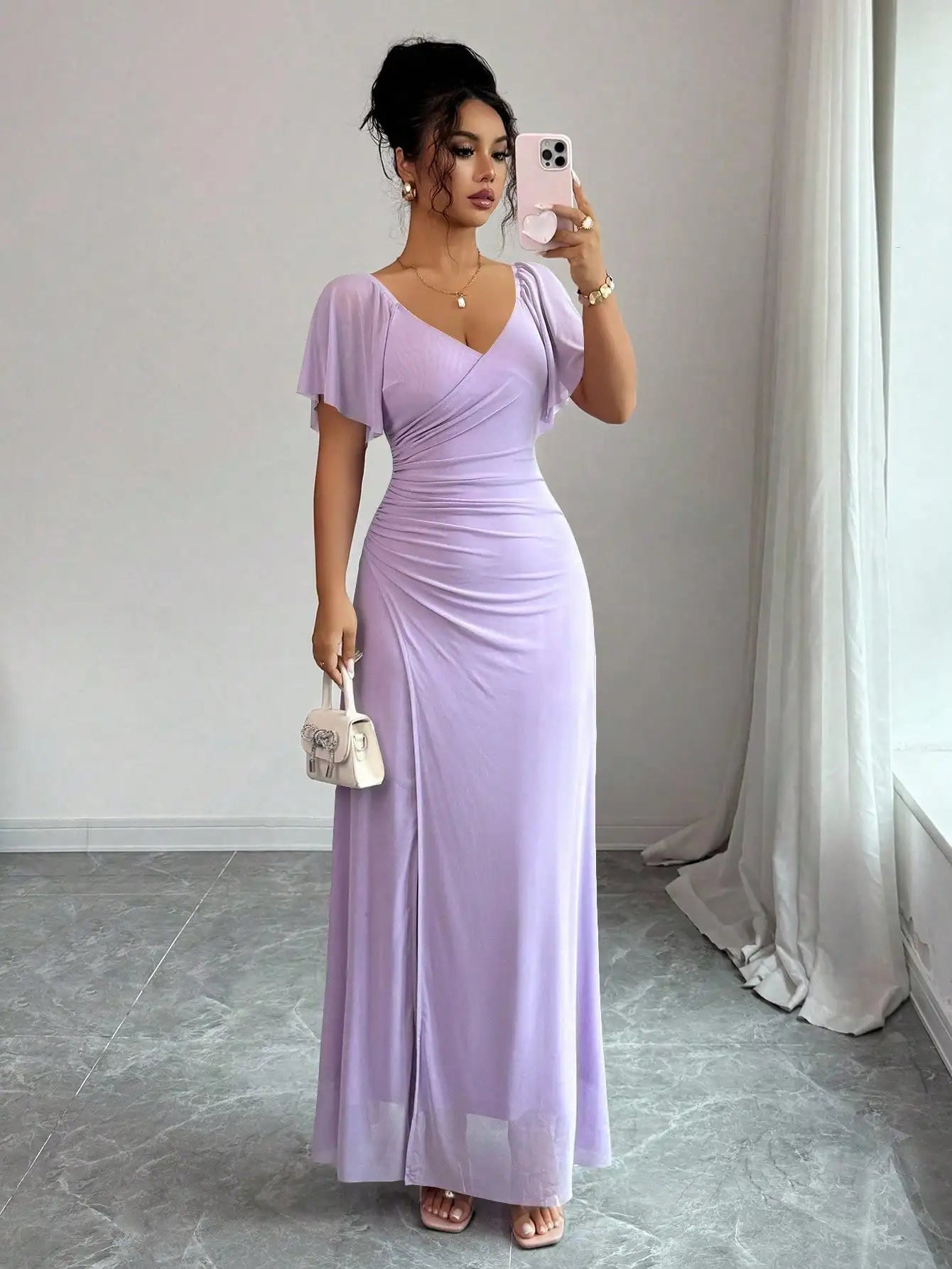 Light Purple V-Neck Ruffle Sleeve Pleated A-Line Split Maxi Dress