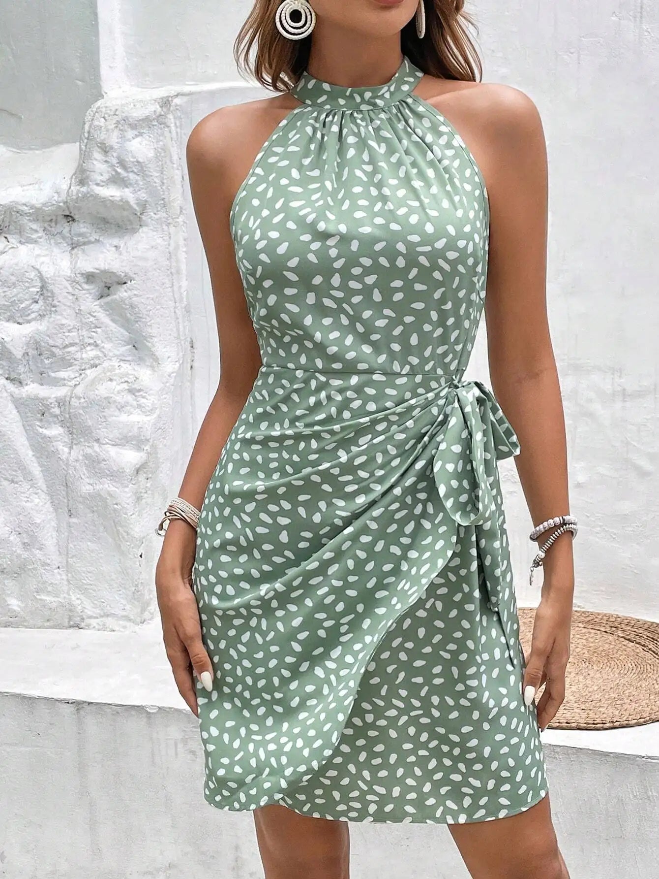 Sage Green Polka Dot Halter Wrap Dress